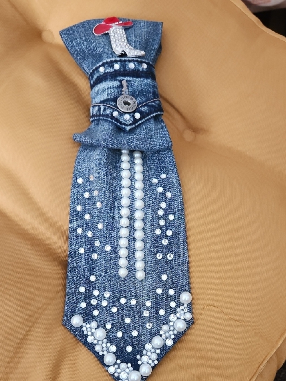 Embellished Denim Tie with Pearls and Rhinestones -- SOLD!!!